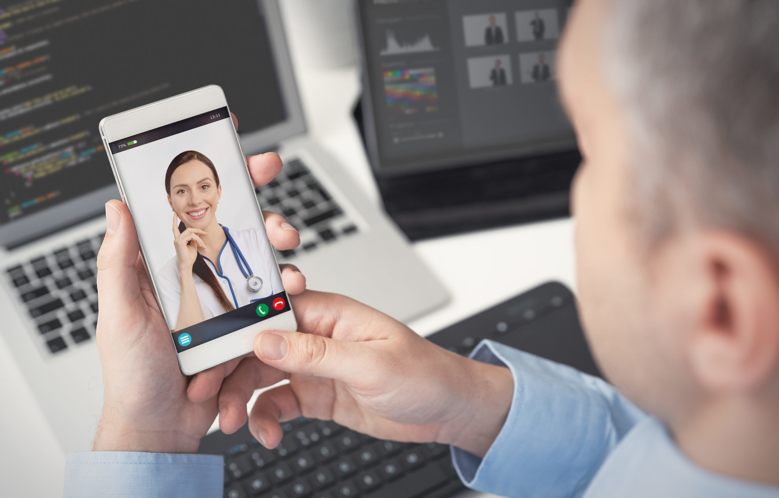 Doctor with a stethoscope. Telehealth conference.